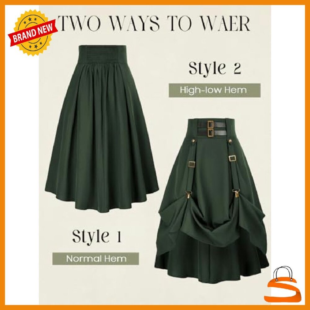 Steampunk Goth High Waist Midi Skirt with Pockets S-2XL A-Line - Picture 6 of 8